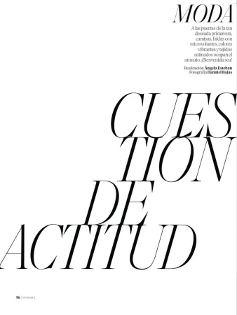 Editorial magazine layout page featuring large serif typography spelling Cuestion de actitud against a white background