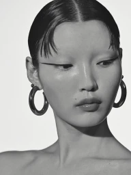 Close-up portrait of a model wearing dark hoop earrings and sharp winged eyeliner against a plain white background.