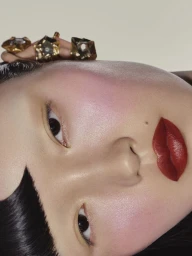 Close-up beauty portrait of a model with red lips, flushed cheeks, and statement rings against a pale background.