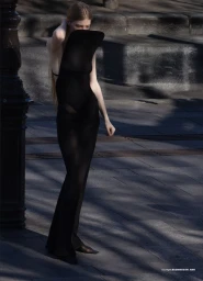 Model wearing a black gown on an outdoor paved street with natural lighting