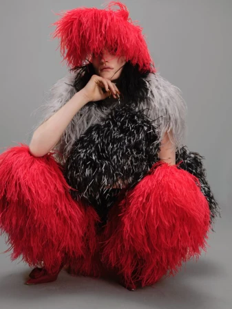 Person crouches in red and black feathered outfit against grey backdrop in studio-style portrait with an eccentric and theatrical design.
