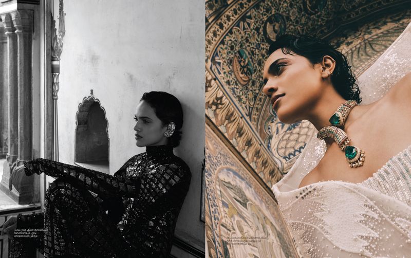 A split image showcases an East Asian woman wearing fashion jewelry and garments inside a palace with ornate stone architecture.