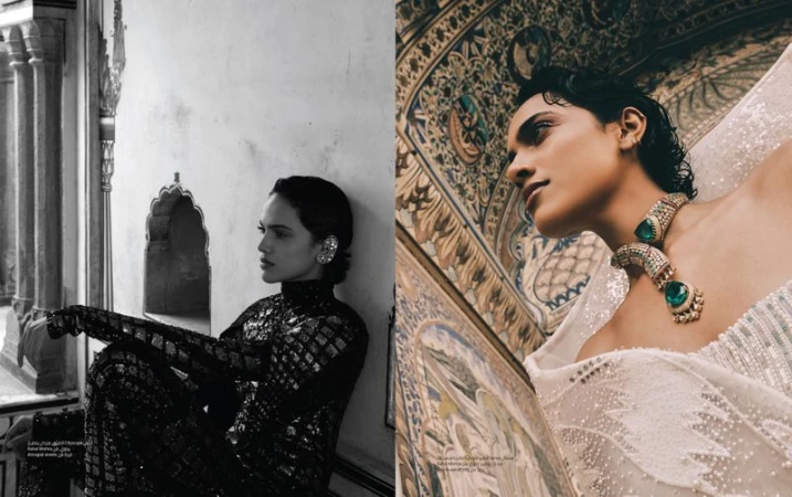 A split image showcases an East Asian woman wearing fashion jewelry and garments inside a palace with ornate stone architecture.