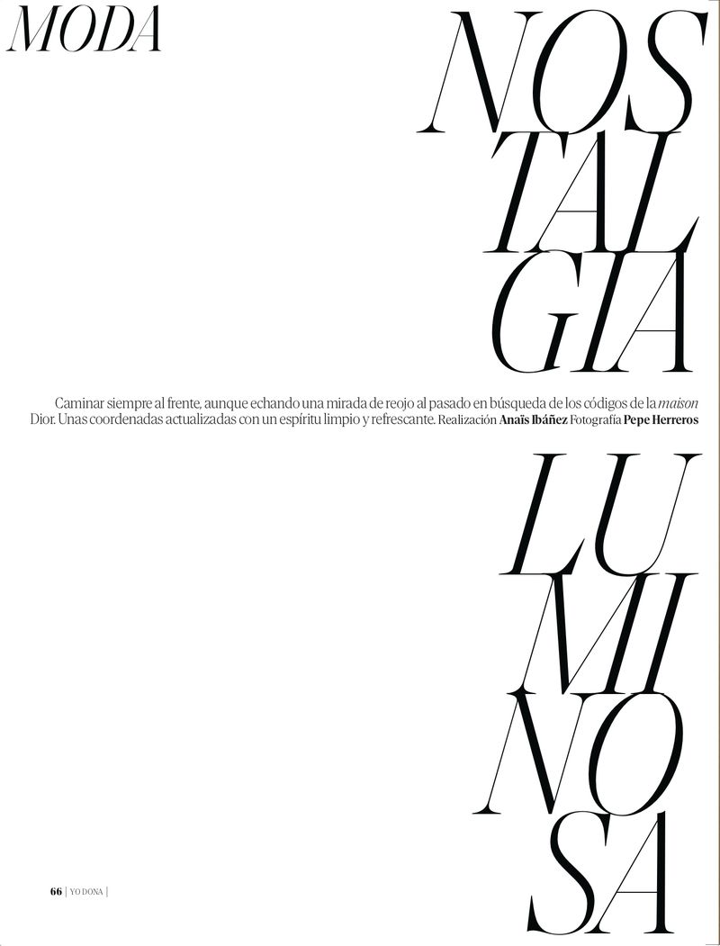Fashion magazine cover features oversized typography with the words 'Nostalgia Luminosa' on a white background with minimal text.