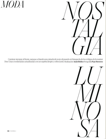 Fashion magazine cover features oversized typography with the words 'Nostalgia Luminosa' on a white background with minimal text.