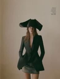 Model wearing a black blazer, denim skirt, and wide-brimmed black hat against a plain background