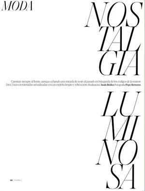 Editorial magazine layout featuring large typography spelling Nostalgia Luminosa against a clean white page.