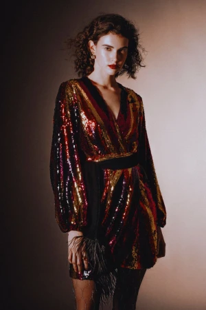 Brunette woman poses in a sequined V-neck dress with long sleeves and a black belt, complemented by feathered detailing at the hem.