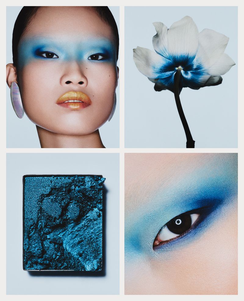 Close-up multi-panel beauty shot: an Asian woman with blue eyeshadow, an eye, eyeshadow palette, and a white flower, on a light background.