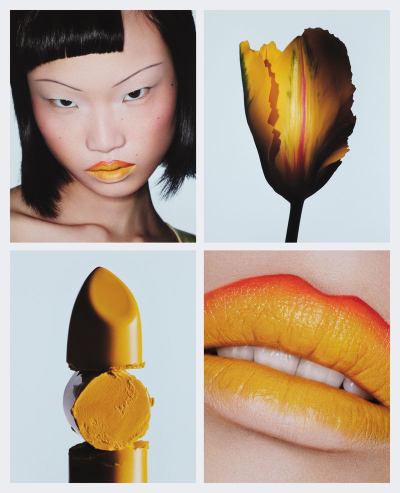 Collage of four images: woman with yellow lipstick, yellow flower, tube of yellow lipstick, and close-up of lips with yellow lipstick.