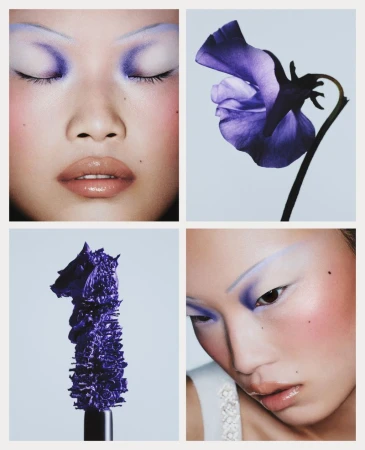 Collage-style beauty shot: woman with purple makeup, flower, and mascara wand on a light blue background in a grid layout.