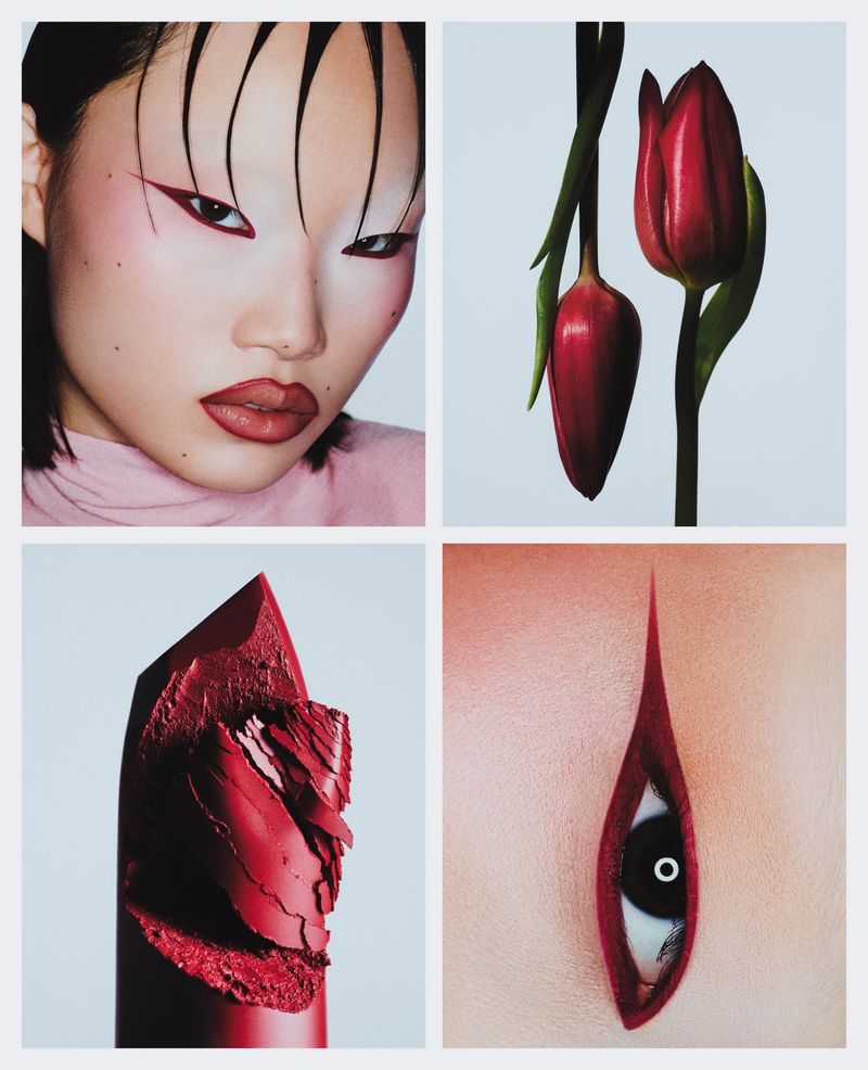 Collage of beauty and fashion shots featuring an Asian woman with artistic makeup, tulip flowers, and a broken red lipstick.