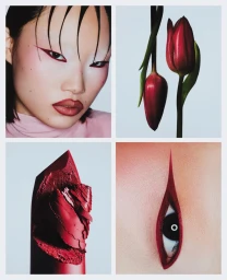 Four-panel beauty editorial featuring an East Asian model with red eyeliner, two red tulips, crushed red lipstick, and a close-up eye shot.