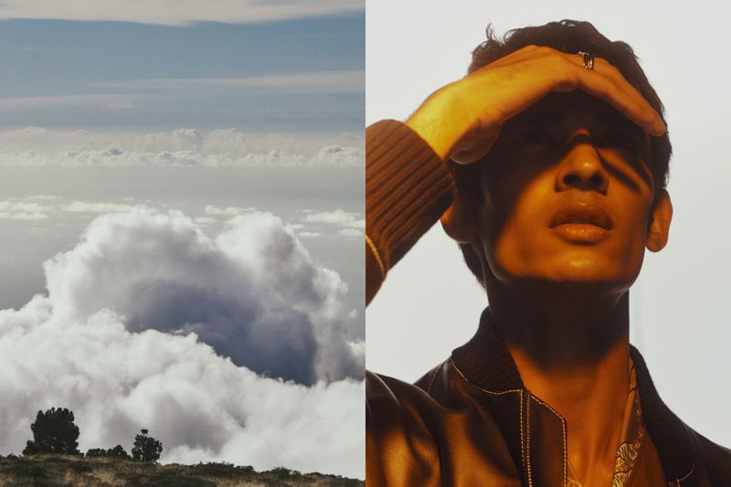 Split screen features a man shielding his eyes and a landscape with a field, trees, and clouds, offering contrasting visuals.