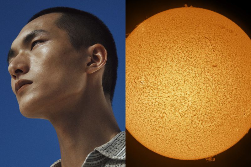 Striking composite image featuring a close-up of a young Asian man's face juxtaposed with a detailed view of the sun's surface.