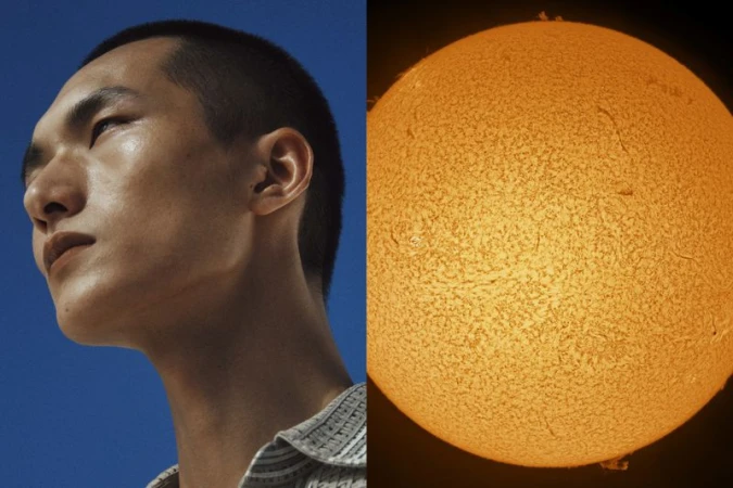 Striking composite image featuring a close-up of a young Asian man's face juxtaposed with a detailed view of the sun's surface.