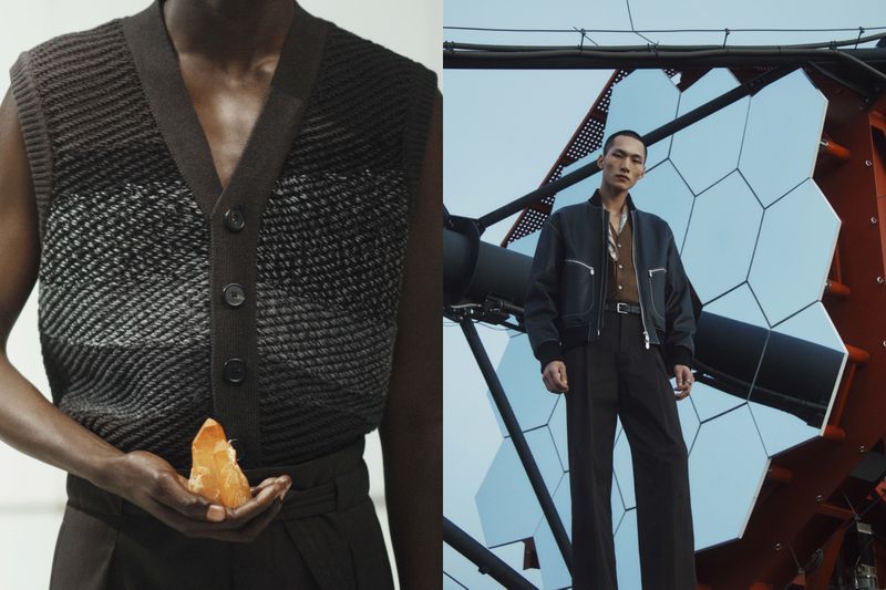 Dual image showcases a Black male holding a peeled orange and an Asian male model posing in front of a mirrored structure.