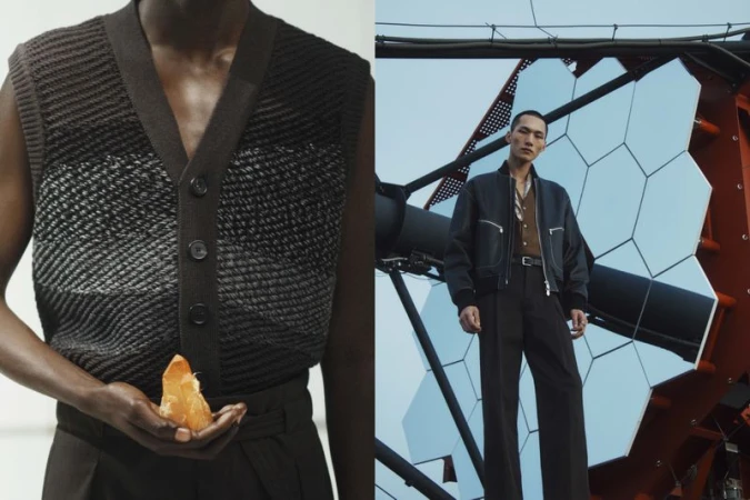 Dual image showcases a Black male holding a peeled orange and an Asian male model posing in front of a mirrored structure.