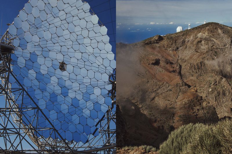 Large array of hexagonal mirror panels in a solar power installation, contrasted with a mountain peak and distant white dome structures.