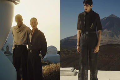 Three male models posing outdoors in high-fashion menswear against a mountain landscape for Hermes Le Monde d hermes 88