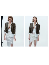 Model Vakare Steputyte wearing an olive jacket, white shirt, and white skirt against a plain studio background.