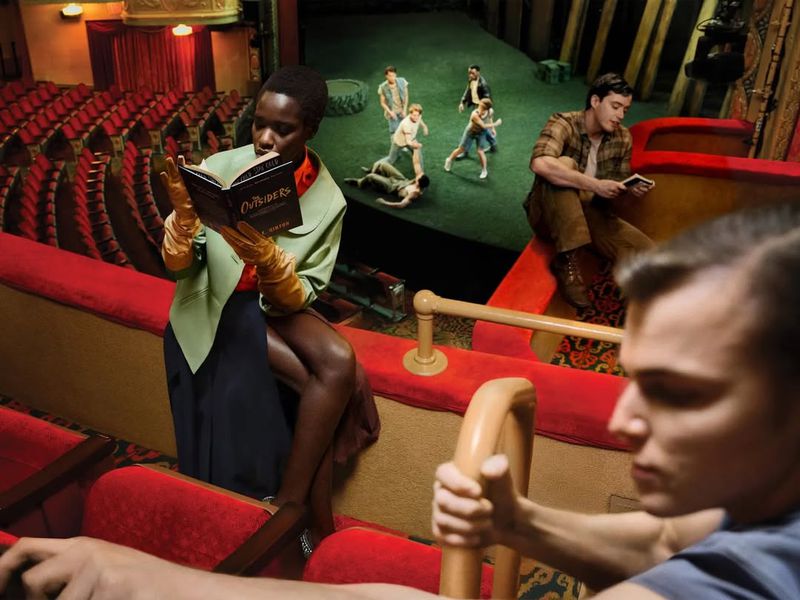 A diverse audience in a theater, including an African American woman reading 'The Outsiders' book in foreground, with a performance onstage.