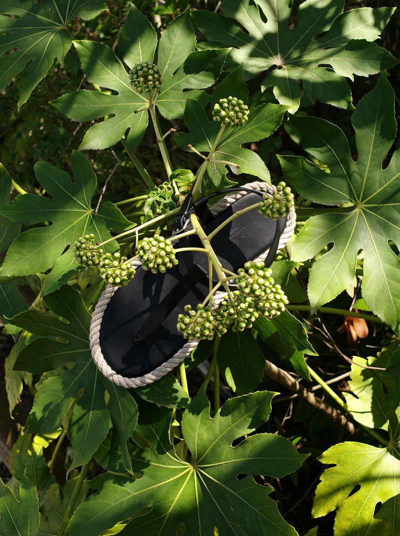 Close-up of a black sandal with white trim nestled among lush green leaves and budding flowers, capturing a natural, outdoor setting.