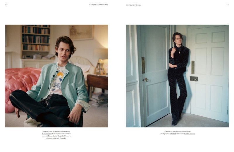 Two images side-by-side feature a fair-skinned male model in different outfits, posing against interior settings with neutral tones and diffused lighting.