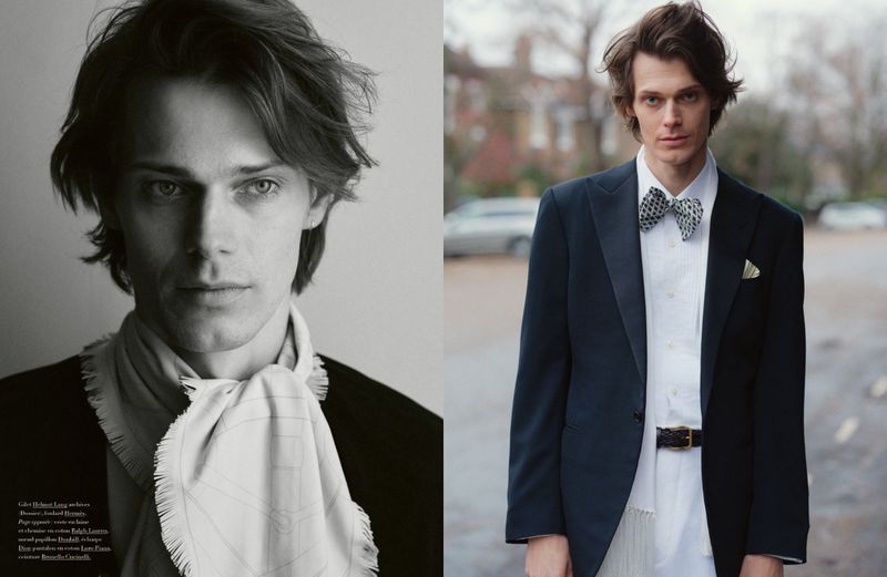 Two-part fashion portrait shows a young adult male in formal attire, featuring black and white studio shot and an outdoor color image.