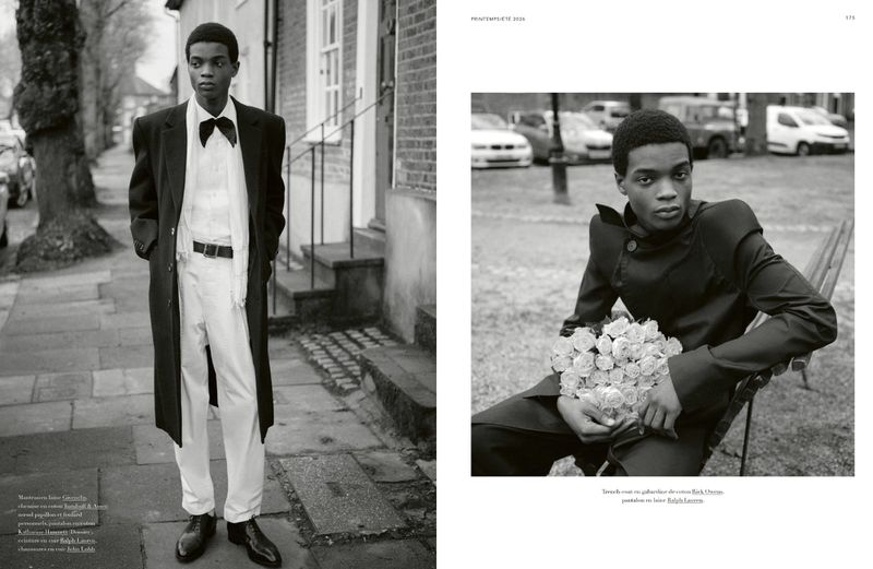 Two black and white images: a male model in formal wear stands on a sidewalk, and another model sits on a bench with flowers.