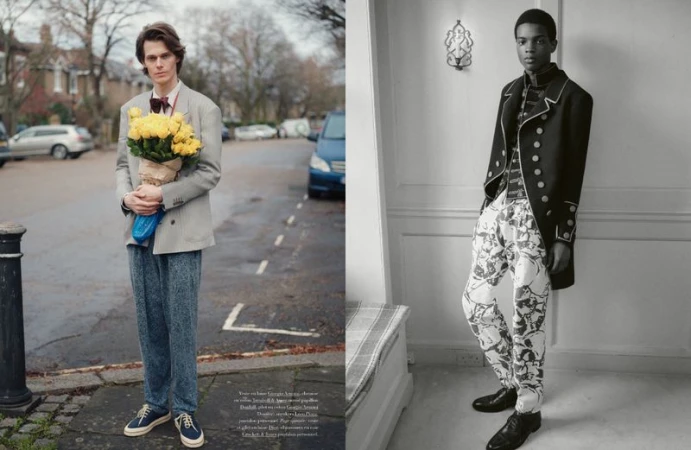 Two fashion portraits: a slender man on a city street holding yellow flowers, and a Black man in a formal jacket posing indoors.