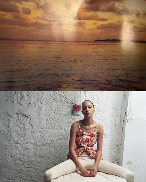 Eye-level photo of an adult woman in a floral top and cream pants posing in front of a distressed interior wall with a seascape above.