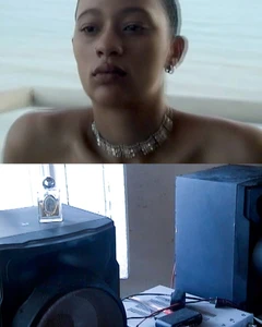 Model Selena Forrest wearing a rhinestone necklace in a split-frame portrait for Holiday Magazine La Heroica project