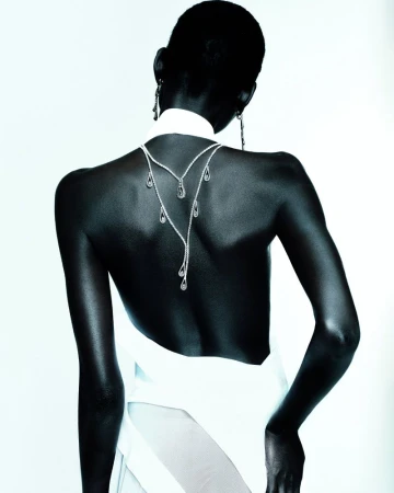 Elegant portrait from behind of a slender, dark-skinned woman wearing a white halter top and a cascading silver gemstone necklace.
