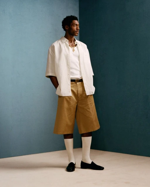A stylish Black man in a white button-down shirt, tan shorts, and white socks poses in a brightly lit studio with a two-tone blue background.