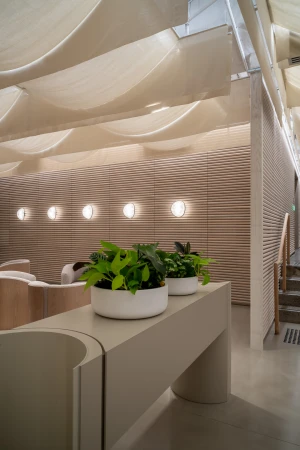 Indoor architectural shot featuring two potted green plants on a light beige table, with seating and wall lights in the background.