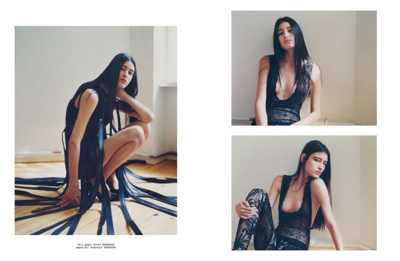 Fashion editorial shot: Young woman in a dress posing in a room with a wood floor and natural light, captured in three different poses.