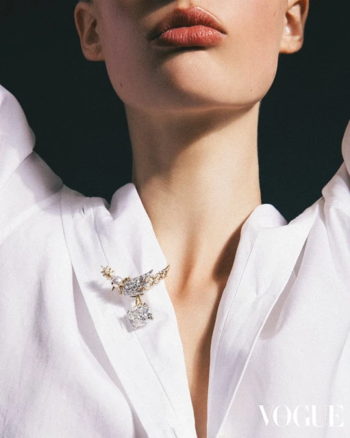 Close-up shot of a model wearing a white blouse and an ornamental bird brooch against a dark background for a fashion editorial.