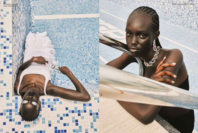 Two images side-by-side: woman in white dress by blue-tiled pool and woman with jewelry next to silver railing by pale pool.