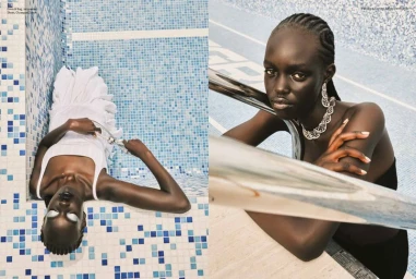 Split view of a Black woman in a white dress lying by a blue tiled pool and leaning on a metal handrail for Elle Arabia.