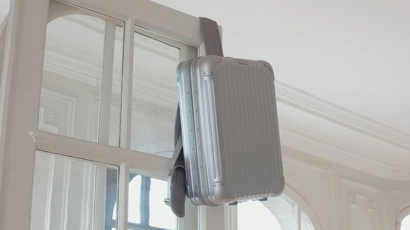 Silver carry-on suitcase hanging from a white door with glass panels, minimalist design, indoor setting, neutral color palette, and soft lighting.