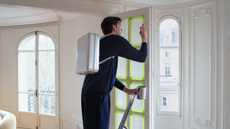 Adult male on ladder paints window trim in white room with large windows. He carries a silver suitcase on his back and paint can.