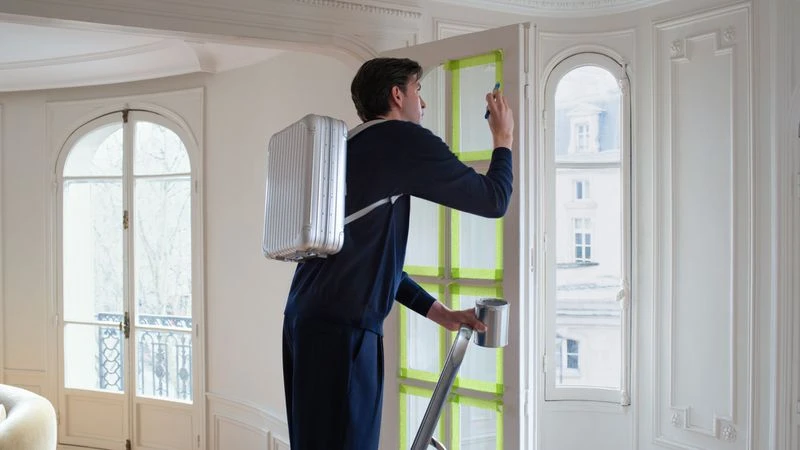 Adult male on ladder paints window trim in white room with large windows. He carries a silver suitcase on his back and paint can.