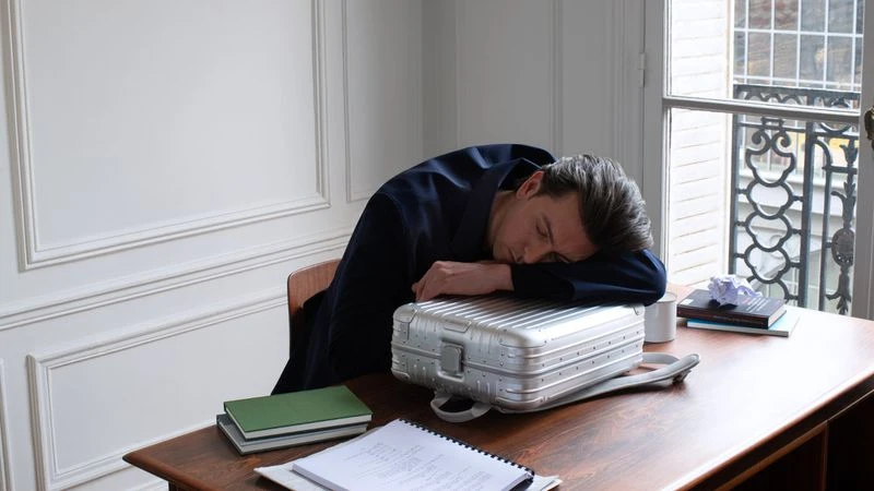 Tired man in suit rests head on silver suitcase at wooden desk with books and papers. Interior shot near window with natural light.