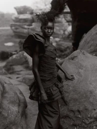 Model Amam Abit in a black ruffled dress with feather headdress standing among rocky boulders outdoors in a monochrome fashion portrait