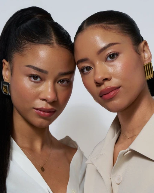 Close-up studio portrait of two adult women with light skin, neutral makeup, and collared shirts, against a plain white background.