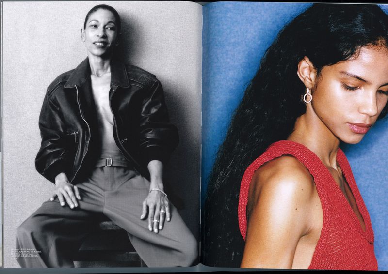Magazine spread featuring an African American woman in a black leather jacket and another in a red top against a blue background.