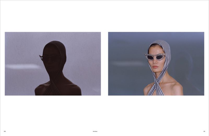 Striking studio shot showcases a woman with headscarf and sunglasses, divided composition of light and dark aesthetic.