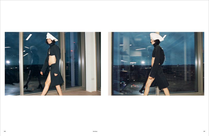 A woman in an open black coat and a cone-shaped hat walks in front of a sliding-glass door in two side-by-side indoor shots.