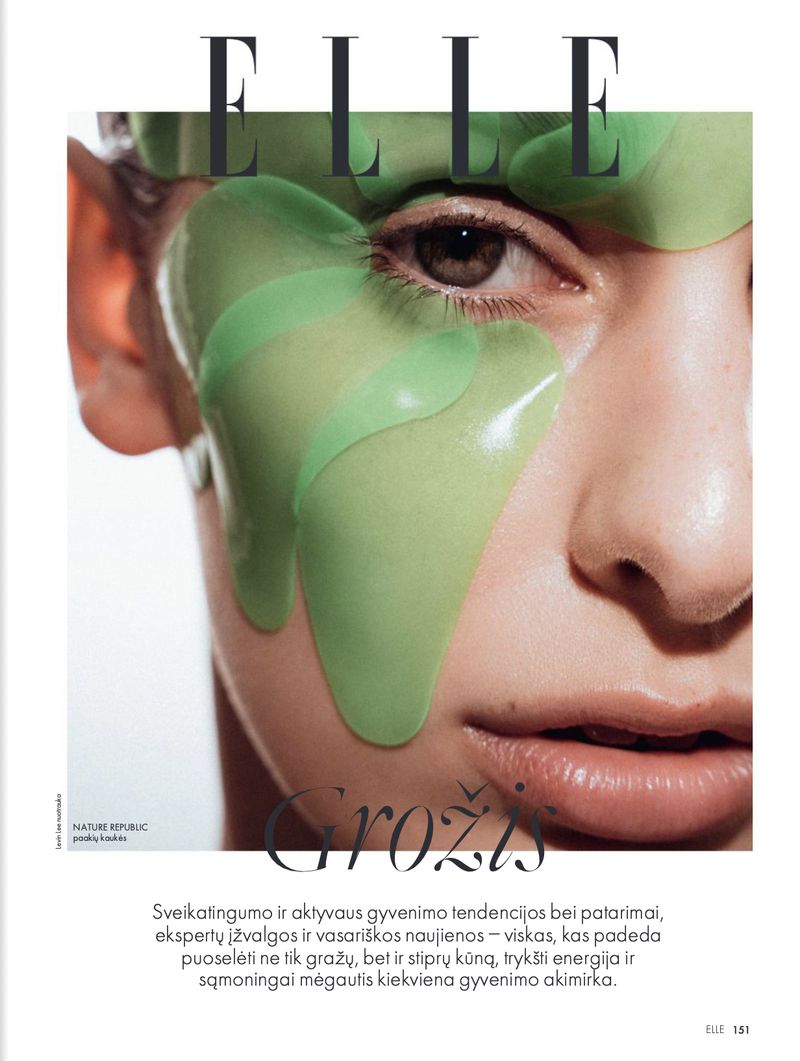 Elle magazine cover featuring a woman's face with green hydrogel eye patches, makeup, and a focus on skincare and beauty.